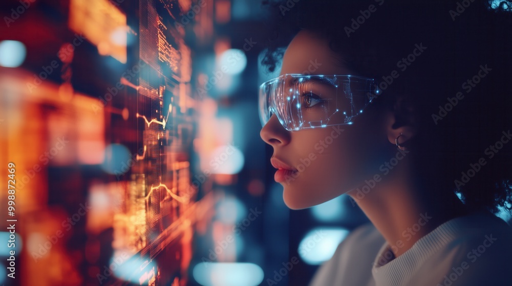 Woman wearing virtual reality goggles is looking at a computer screen. Concept of futuristic technology and the idea of being immersed in a virtual world Woman wearing virtual reality goggles is looking at a computer screen. Concept of futuristic technology and the idea of being immersed in a virtual world