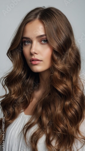 Woman with Long Wavy Brown Hair and Polished Look