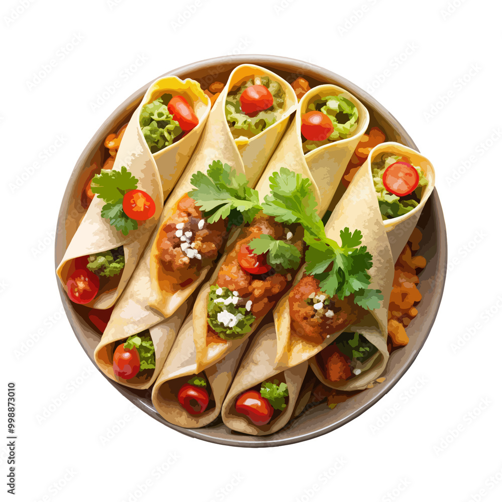 Top view of Mexican food Flautas isolated on a white transparent background Top view of Mexican food Flautas isolated on a white transparent background