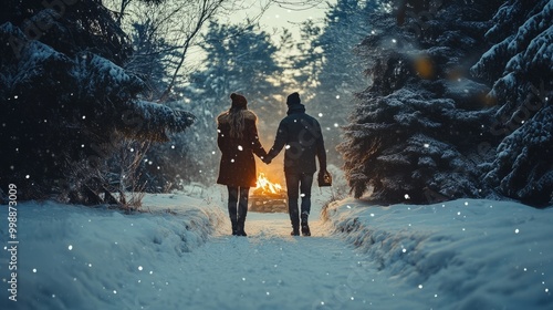 Romantic winter couples enjoying snowy walks and cozying up by the fire, capturing intimate moments in a winter wonderland photo