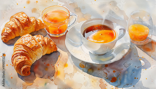Watercolor vintage breakfast illustration , top view, AI Generated