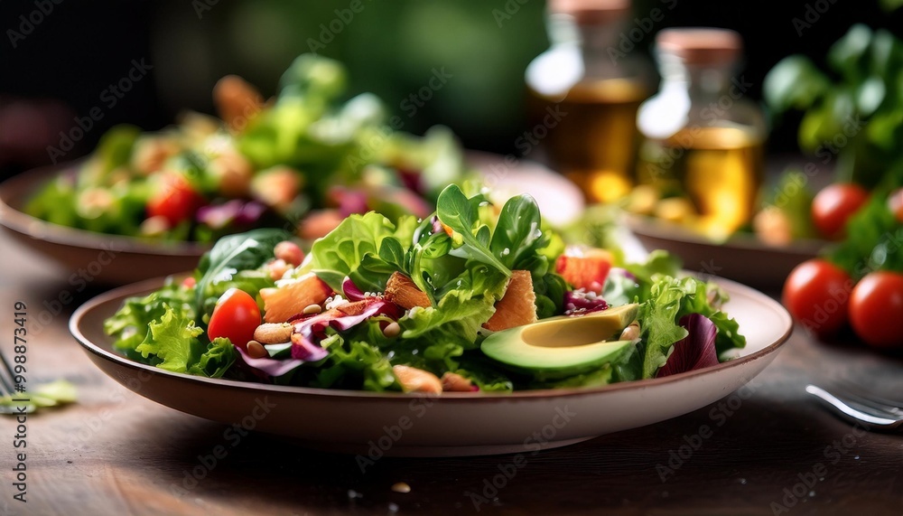Refreshing gluten-free salads with depth of field highlighting fresh greens and nutritious toppings Refreshing gluten-free salads with depth of field highlighting fresh greens and nutritious toppings