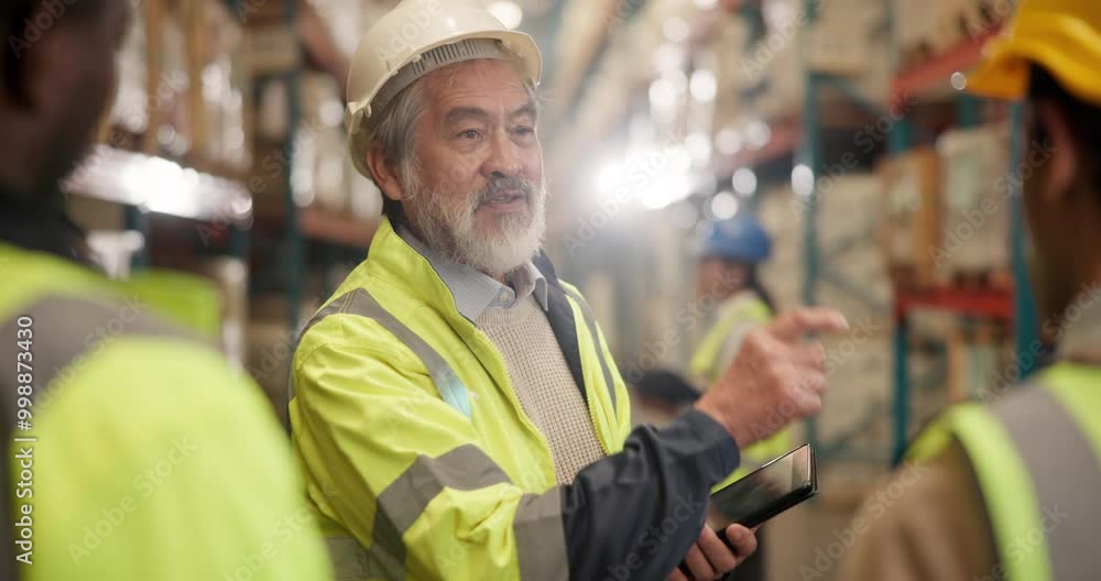 Warehouse, man and tablet with talking in team for production, logistics and shipping company. Mature male person, supervisor and tech in distribution, job in factory for supply chain or industry Warehouse, man and tablet with talking in team for production, logistics and shipping company. Mature male person, supervisor and tech in distribution, job in factory for supply chain or industry