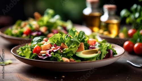 Refreshing gluten-free salads with depth of field highlighting fresh greens and nutritious toppings