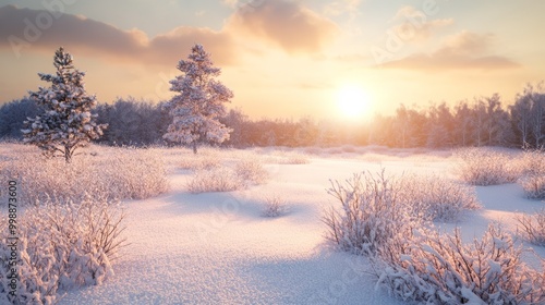 Snowy meadow bathed in the soft glow of the setting sun, peaceful and tranquil