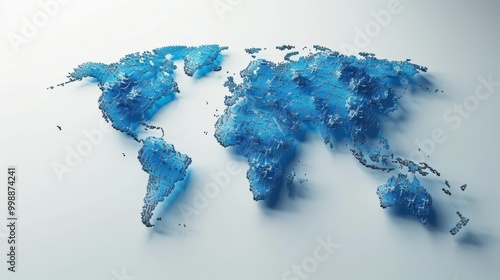 Fototapeta Naklejka Na Ścianę i Meble -  A blue pixelated world map is depicted on a white background with light gradient effects, representing a modern business and technology concept. 3D Rendering.