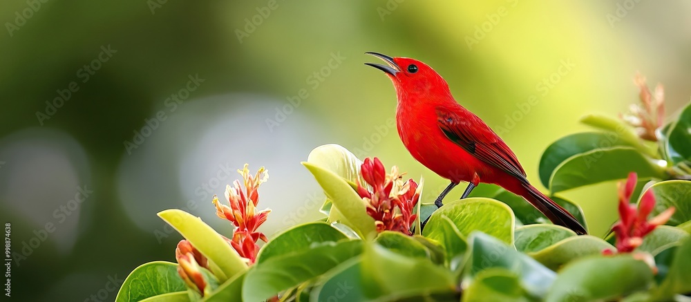 Red Bird on Green Foliage Red Bird on Green Foliage