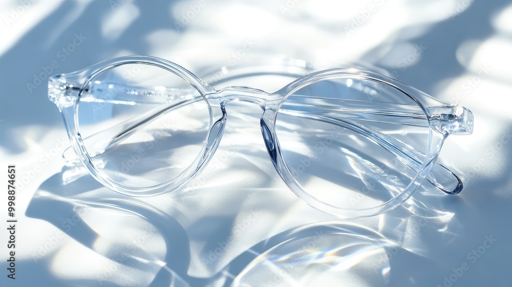A translucent pair of eyeglasses, placed on a white surface, with light softly reflecting A translucent pair of eyeglasses, placed on a white surface, with light softly reflecting