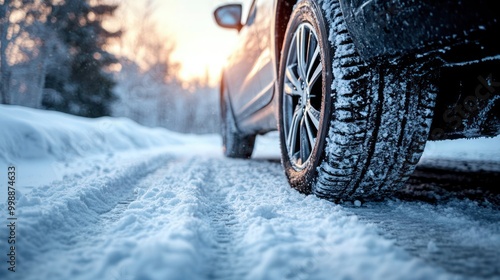 Car tires on winter road, Winter tire with detail of car tires in winter snowy season on the road covered.