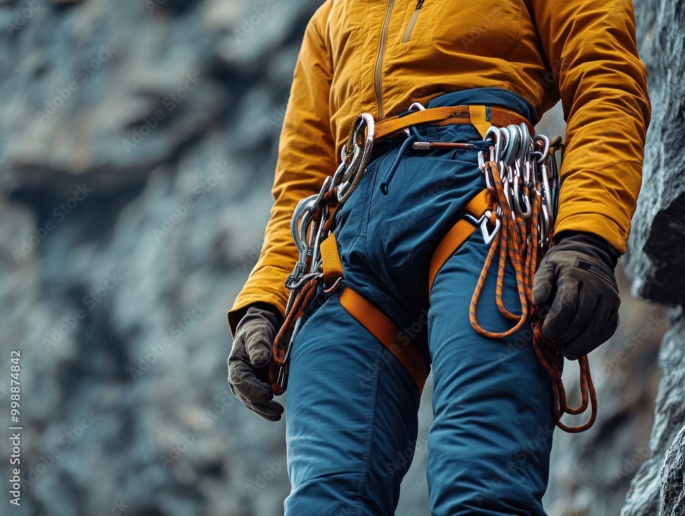 An alpinist in a brightly colored jacket equips climbing gear while getting ready for a challenging ascent in a mountainous region An alpinist in a brightly colored jacket equips climbing gear while getting ready for a challenging ascent in a mountainous region