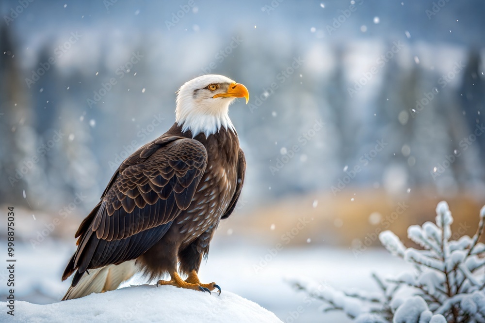 Obraz premium Majestic bald eagle perched on snowy mound with piercing gaze
