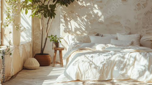 An eco-friendly bedding set made from organic cotton and sustainable materials, displayed in a serene, nature-inspired bedroom.