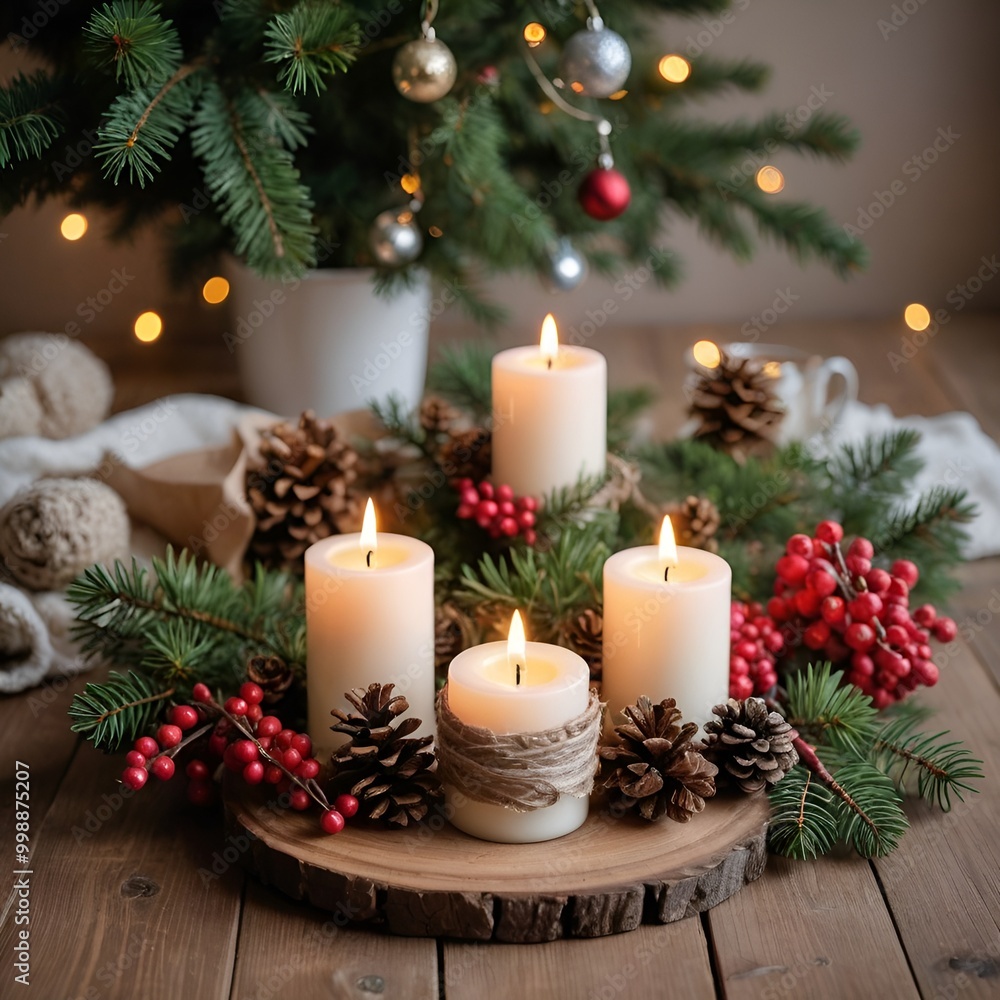Elegant candle display with pinecones and berries on wooden slice under Christmas tree Elegant candle display with pinecones and berries on wooden slice under Christmas tree
