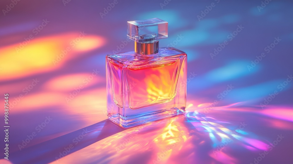 A translucent perfume bottle, filled with colored liquid, casting a glow in the light A translucent perfume bottle, filled with colored liquid, casting a glow in the light