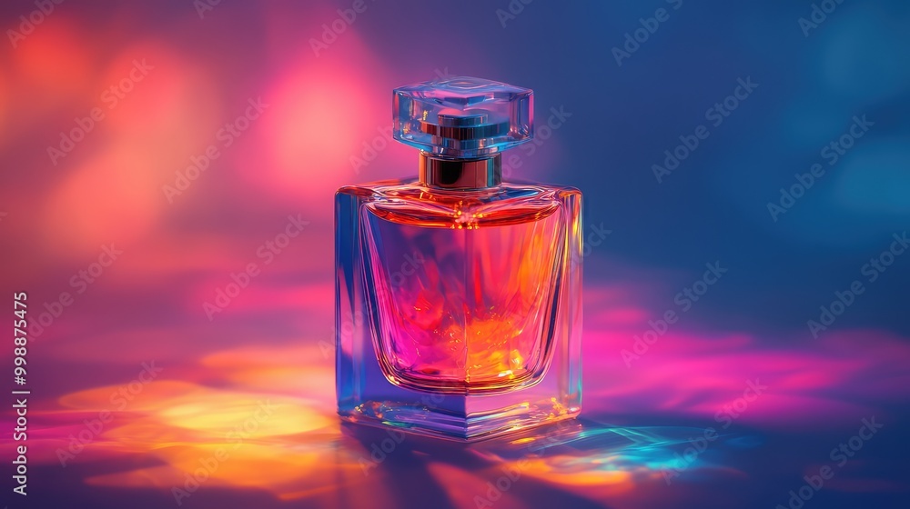 A translucent perfume bottle, filled with colored liquid, casting a glow in the light A translucent perfume bottle, filled with colored liquid, casting a glow in the light