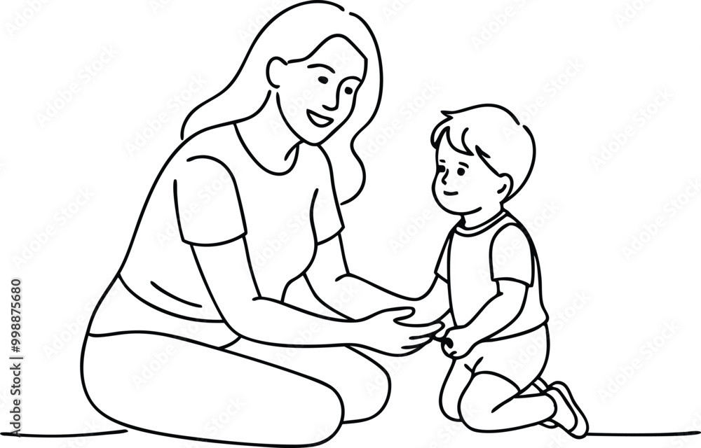 Happy mom with her little son in continuous line art drawing style, mother holding son, smiling mom and son sketch, happy mom and little boy outline vector illustration Happy mom with her little son in continuous line art drawing style, mother holding son, smiling mom and son sketch, happy mom and little boy outline vector illustration