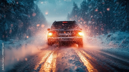 Car tires on winter road, Winter tire with detail of car tires in winter snowy season on the road covered.