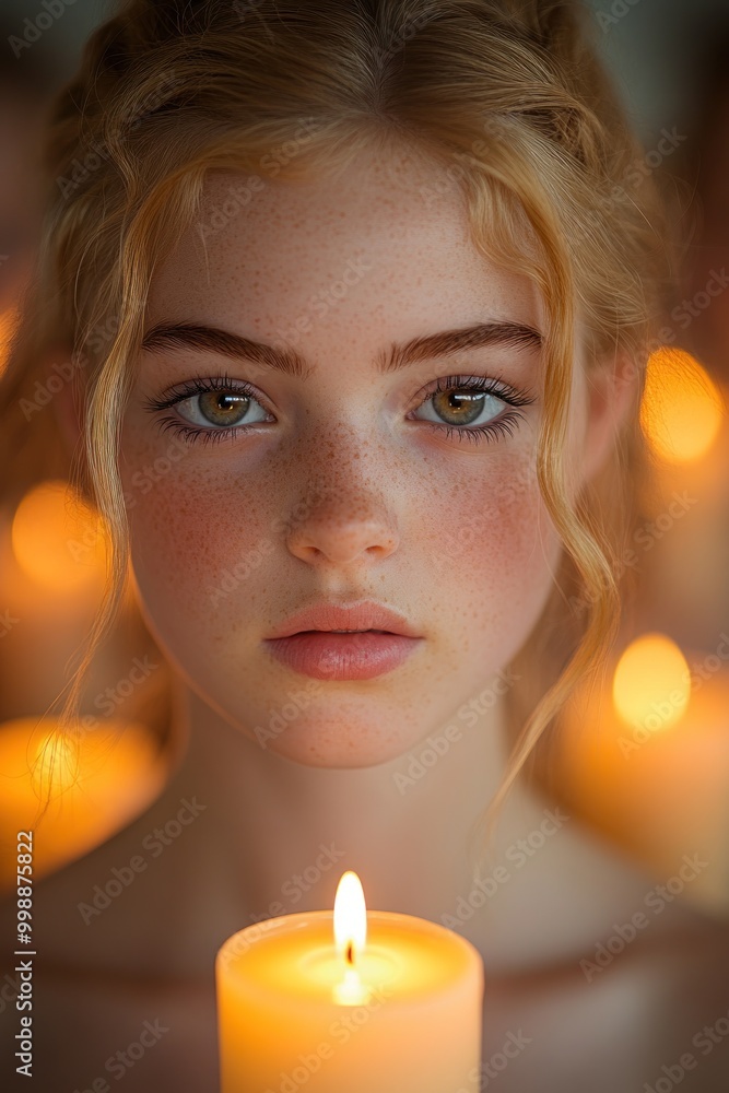 A solemn gathering illuminated by warm golden light with a young woman holding a candle A solemn gathering illuminated by warm golden light with a young woman holding a candle