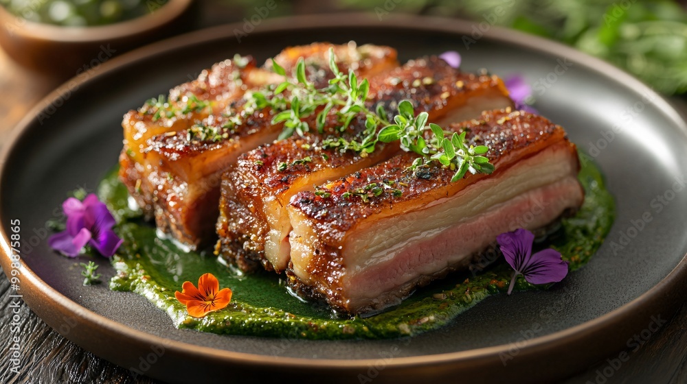 A succulent dish of crispy pork belly served on a vibrant green sauce, garnished with fresh herbs and edible flowers. A succulent dish of crispy pork belly served on a vibrant green sauce, garnished with fresh herbs and edible flowers.