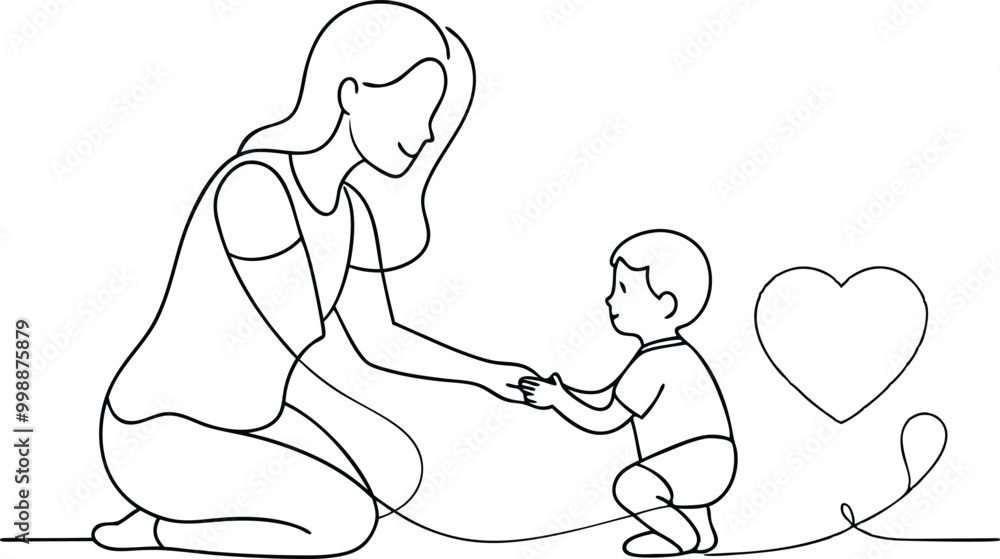 Happy mom with her little son in continuous line art drawing style, mother holding son, smiling mom and son sketch, happy mom and little boy outline vector illustration Happy mom with her little son in continuous line art drawing style, mother holding son, smiling mom and son sketch, happy mom and little boy outline vector illustration