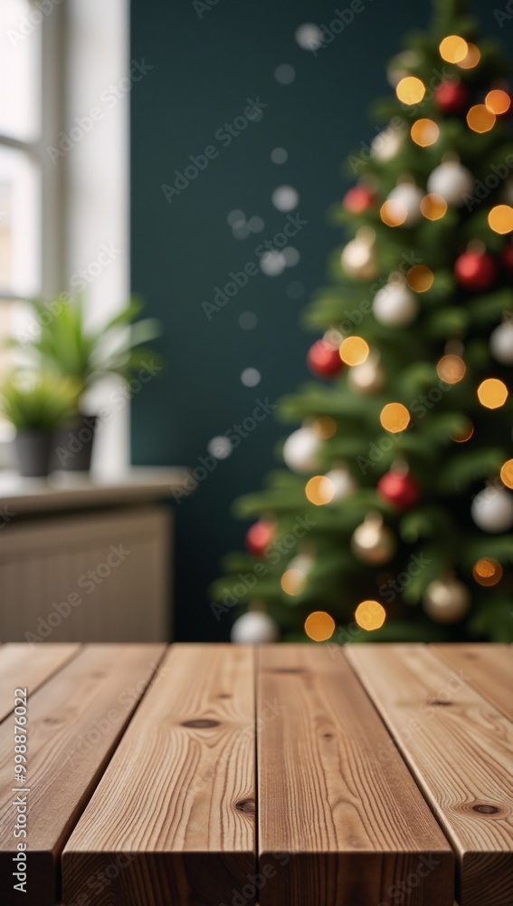 A holiday-themed mockup banner features an empty wooden tabletop with a cozy abstract Christmas scene in the background complete with twinkling string lights on a live tree and snowfall blur effects A holiday-themed mockup banner features an empty wooden tabletop with a cozy abstract Christmas scene in the background complete with twinkling string lights on a live tree and snowfall blur effects