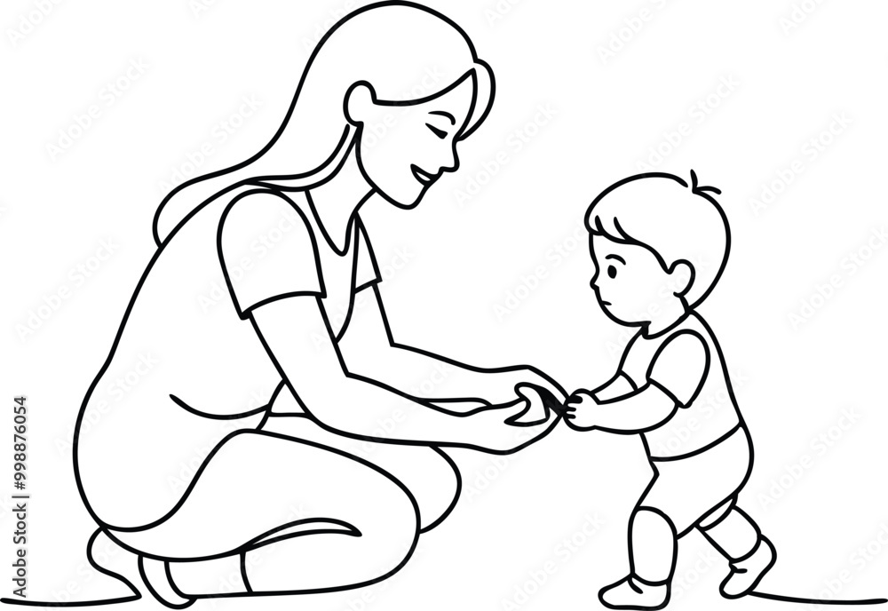 Happy mom with her little son in continuous line art drawing style, mother holding son, smiling mom and son sketch, happy mom and little boy outline vector illustration Happy mom with her little son in continuous line art drawing style, mother holding son, smiling mom and son sketch, happy mom and little boy outline vector illustration