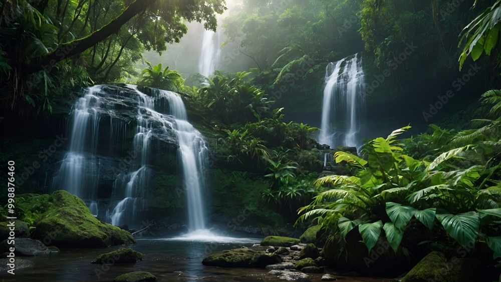 Majestic Waterfalls Cascading in Lush Green Rainforest Majestic Waterfalls Cascading in Lush Green Rainforest