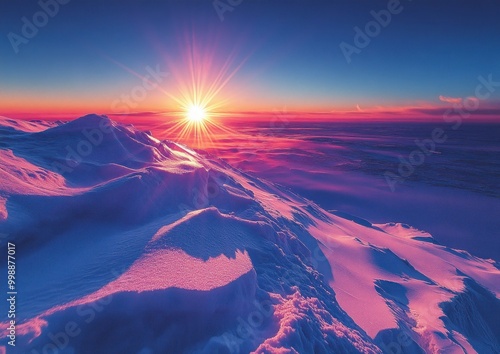 A stunning sunrise illuminates the Antarctic snowfields, revealing striking colors in the sky photo