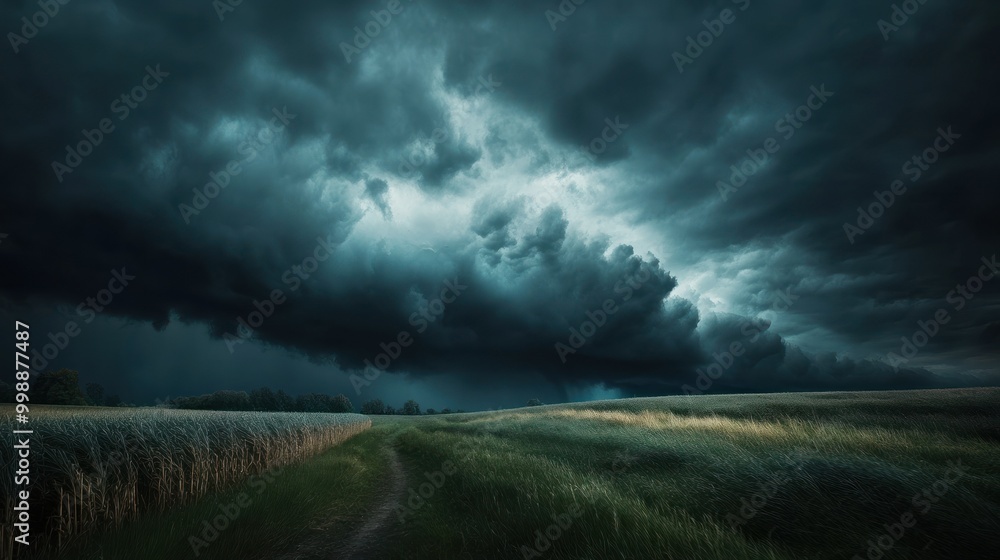 Fototapeta premium A Dirt Path Through a Field Under a Dark and Stormy Sky