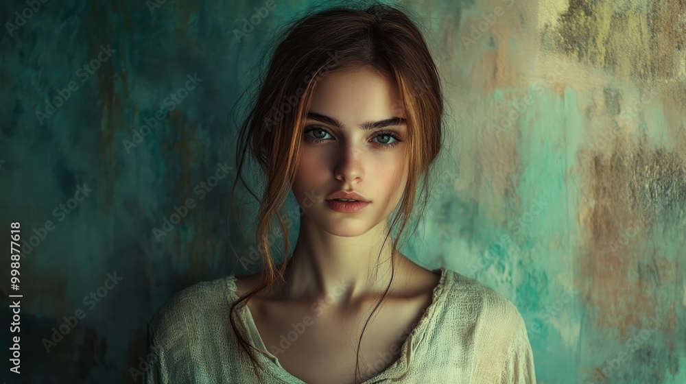 Portrait of a Young Woman with Brown Hair and Green Eyes Against a Textured Wall Portrait of a Young Woman with Brown Hair and Green Eyes Against a Textured Wall