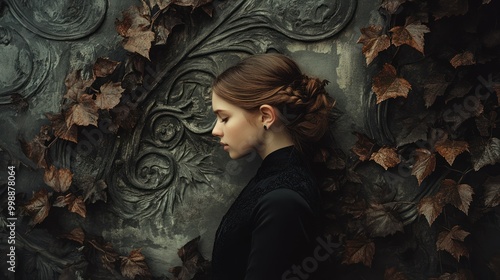 A Woman in Black Standing Before a Wall with Ivy and Intricate Carvings