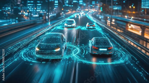 Autonomous cars driving on a city highway at night with glowing blue digital lines around them.