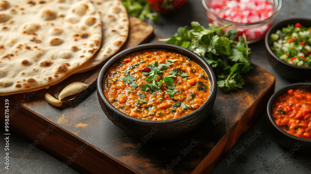 Top view of Bowl of Dal Tadka Curry served with roti flatbread. Generative AI Top view of Bowl of Dal Tadka Curry served with roti flatbread. Generative AI