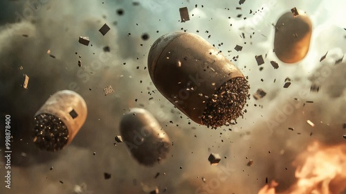 A striking visual of cluster bombs breaking apart mid-air, with individual smaller explosives cascading downward toward the ground, illustrating the powerful and destructive nature of these weapons photo