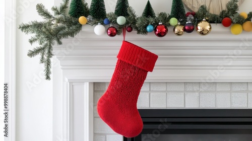 Christma sred sock hung on photo