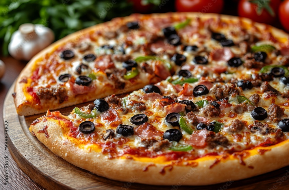 Delicious Pizza with Black Olives, Green Peppers, and Meat, Surrounded by Fresh Vegetables, Perfect for Home Cooking or Takeout. Delicious Pizza with Black Olives, Green Peppers, and Meat, Surrounded by Fresh Vegetables, Perfect for Home Cooking or Takeout.