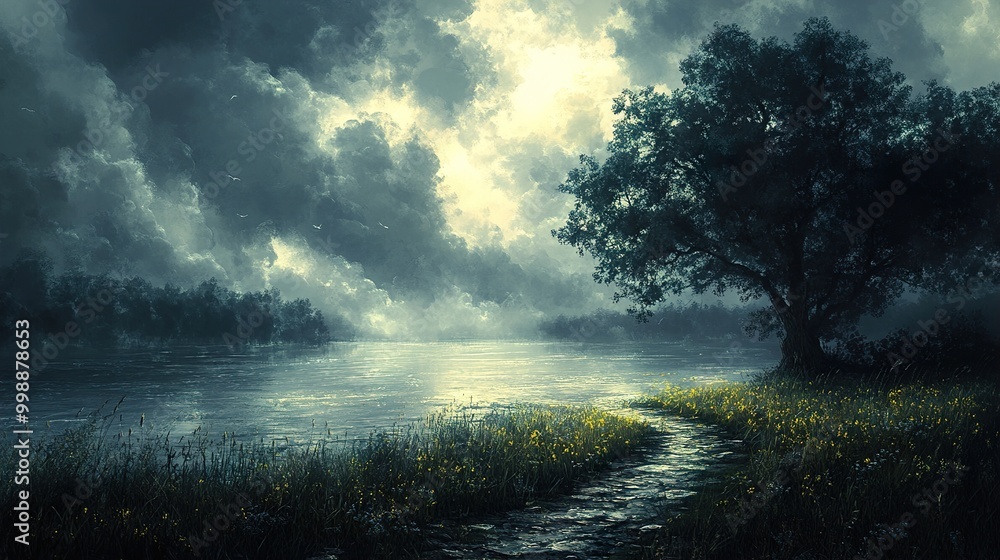 Tranquil Lake Scene with Tree and Path Tranquil Lake Scene with Tree and Path