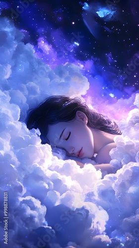 A girl sleeping in the clouds, surrounded by stars, creating an atmosphere of tranquility and dreams