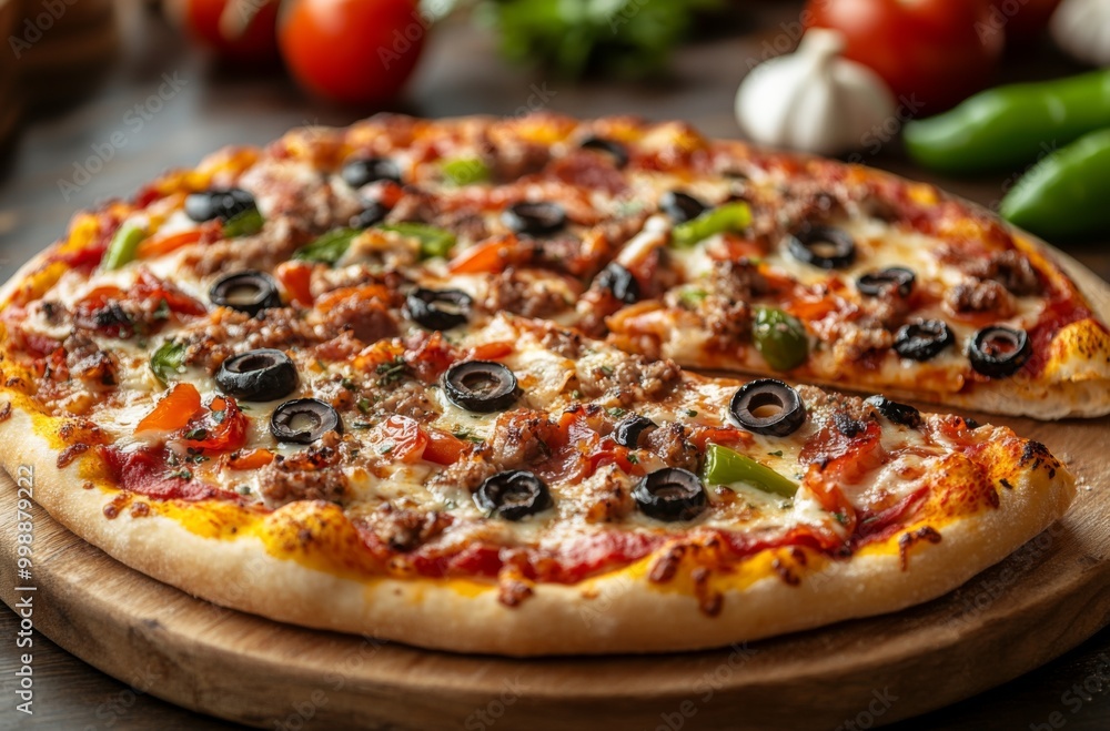 Delicious Pizza with Black Olives, Green Peppers, and Meat, Surrounded by Fresh Vegetables, Perfect for Home Cooking or Takeout. Delicious Pizza with Black Olives, Green Peppers, and Meat, Surrounded by Fresh Vegetables, Perfect for Home Cooking or Takeout.