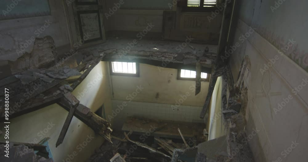 Old Abandoned Building With Collapsed Floor In Italy. high angle, tilt-up shot Old Abandoned Building With Collapsed Floor In Italy. high angle, tilt-up shot