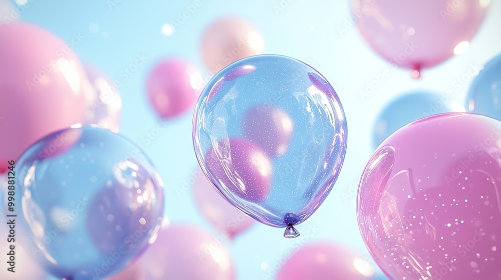 A group of balloons float against a blue sky, with pink and blue hues visible in the distance A group of balloons float against a blue sky, with pink and blue hues visible in the distance
