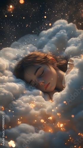 A girl sleeping in the clouds, surrounded by stars, creating an atmosphere of tranquility and dreams