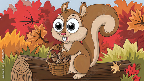 Enthusiastic cartoon squirrel gathering acorns on log amidst colorful autumn foliage photo