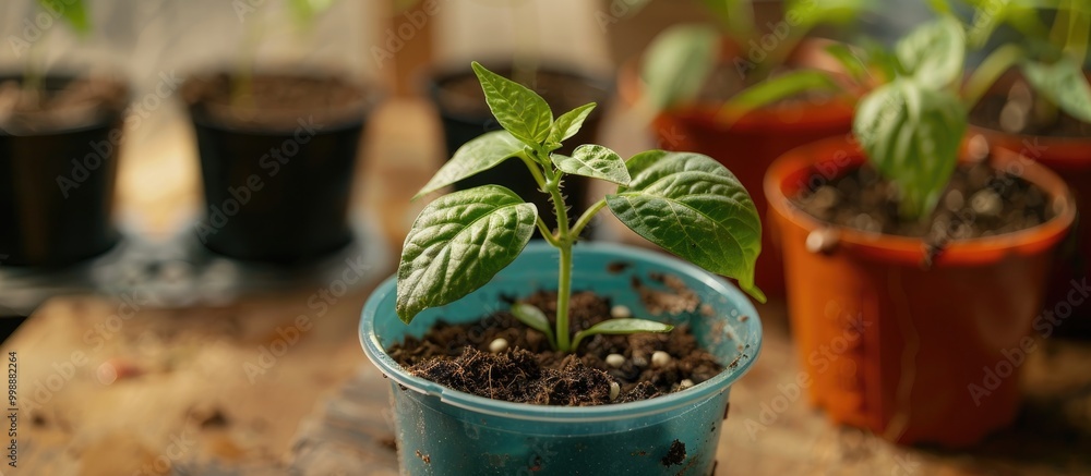 Freshly Planted Pepper Seedling In Pot Freshly Planted Pepper Seedling In Pot