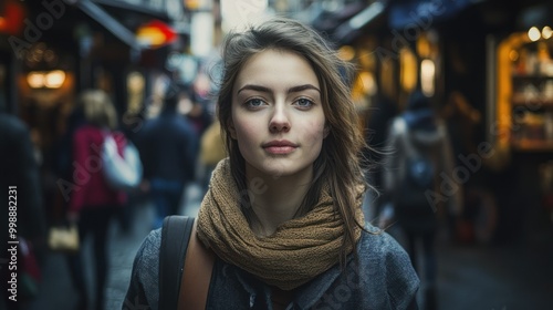 Wallpaper Mural Woman in a scarf looking at the camera in a busy city street Torontodigital.ca