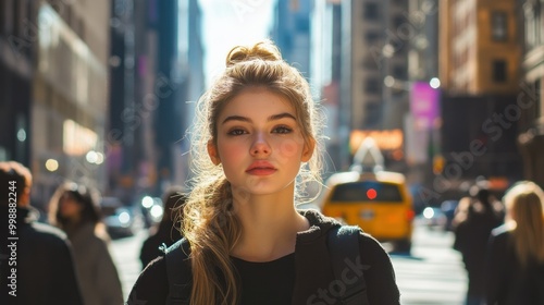 Young woman with blonde hair in a city setting