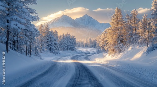 winter panorama on the road through snowy alley, A snow covered forest with a path through it. The trees are bare.