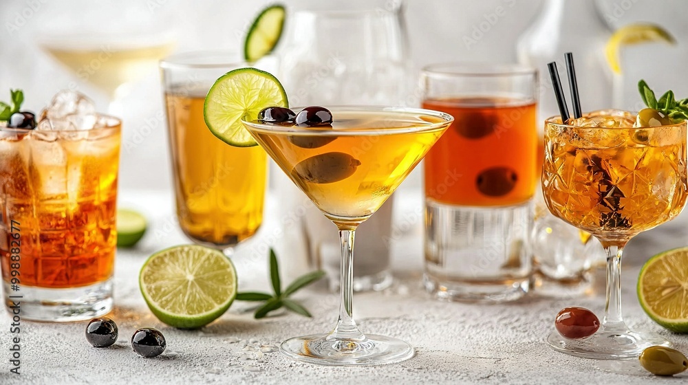 Table featuring glasses with various beverages, accented by lime wedges and olives Table featuring glasses with various beverages, accented by lime wedges and olives