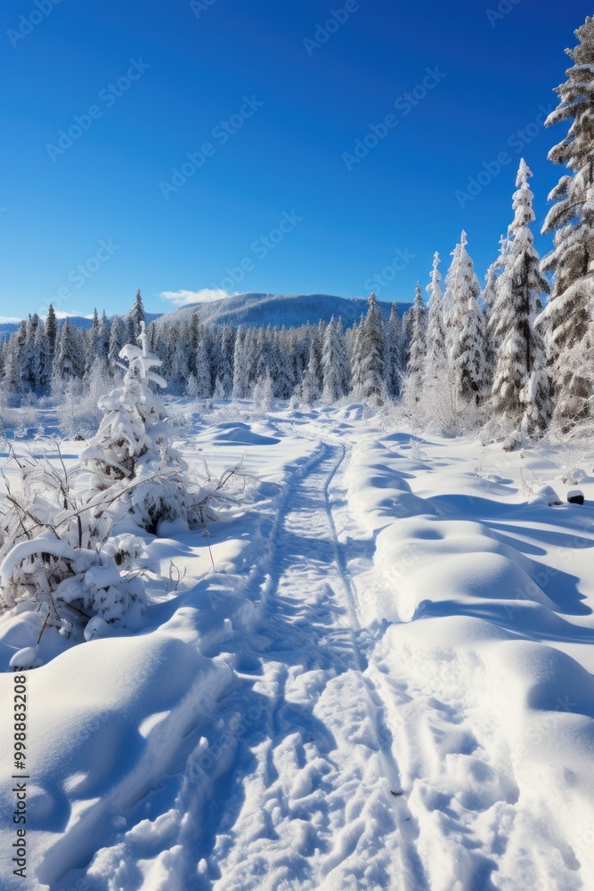 Pine forests blanketed in snow under a clear blue sky during winter in a tranquil outdoor setting Pine forests blanketed in snow under a clear blue sky during winter in a tranquil outdoor setting