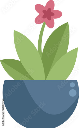 Minimalist vector illustration of a pink flower growing in a blue round pot on a white background